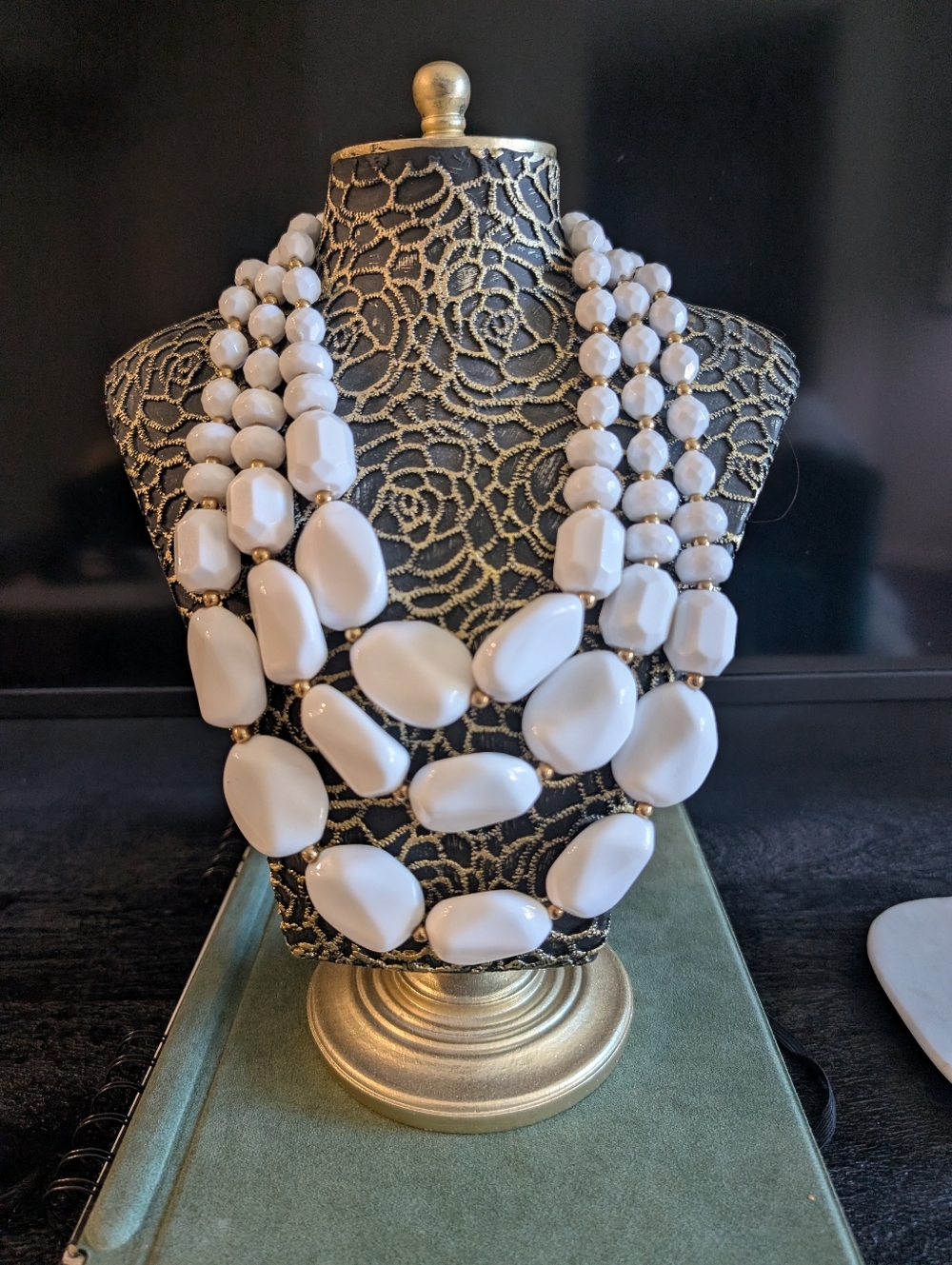 nOir Faux Stone White/Gold Chunky Triple Layer Statement Necklace NWT